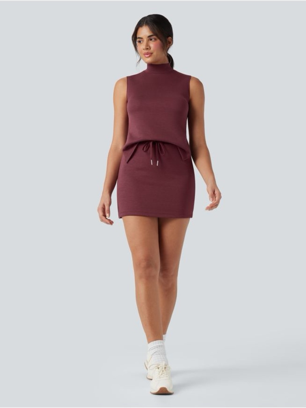 NWOT Halara RARE!! Sleeveless Mock Neck Drawstring Mini Dress in Wine